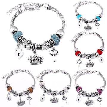 Crown Charm Lobster Buckle Snake Chain Beaded Bangles - The Jewellery Supermarket